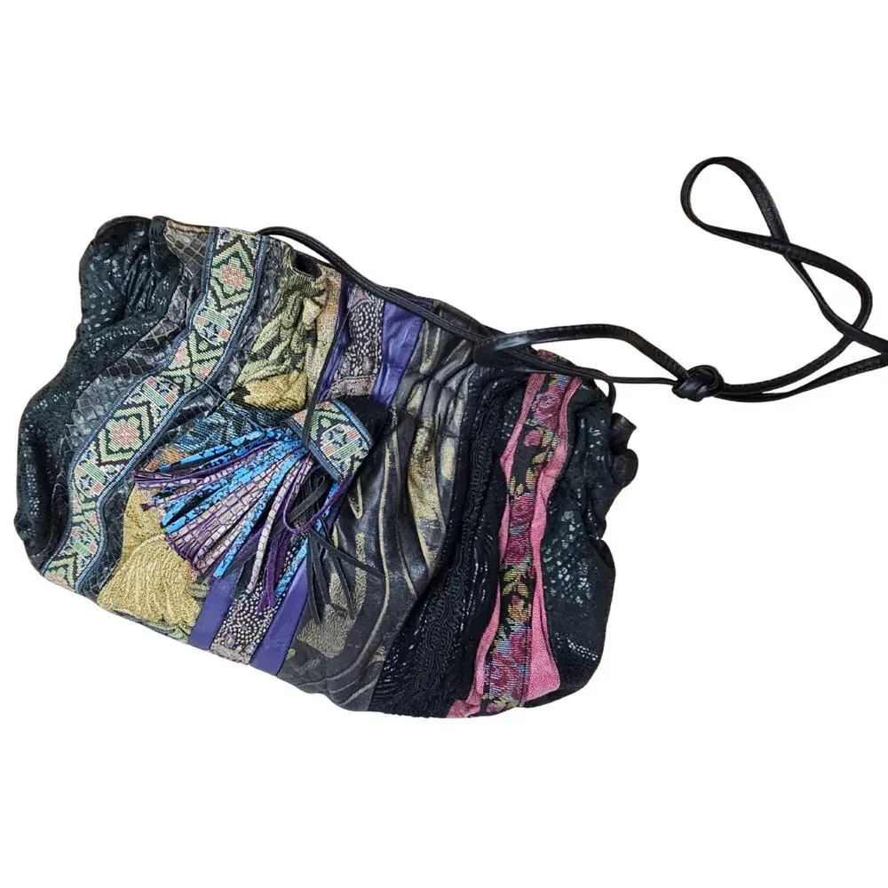 80s Black Leather Patchwork Ruched Reversible Cross Body Clutch Tassle Viva Bag